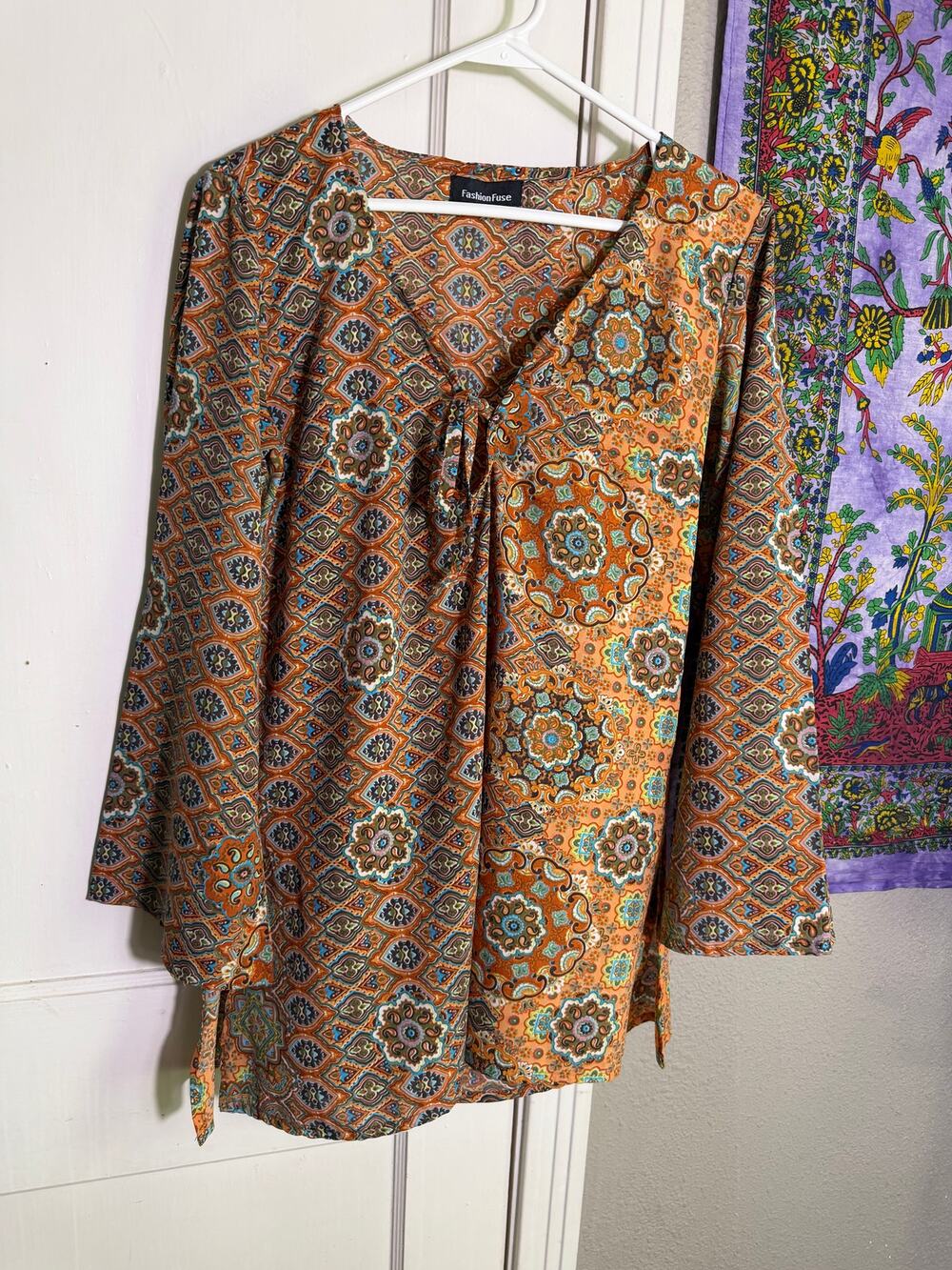 Fashion Fuse Medium Boho Paisley Tunic Top Orange Teal Tie Front Bell Sleeve